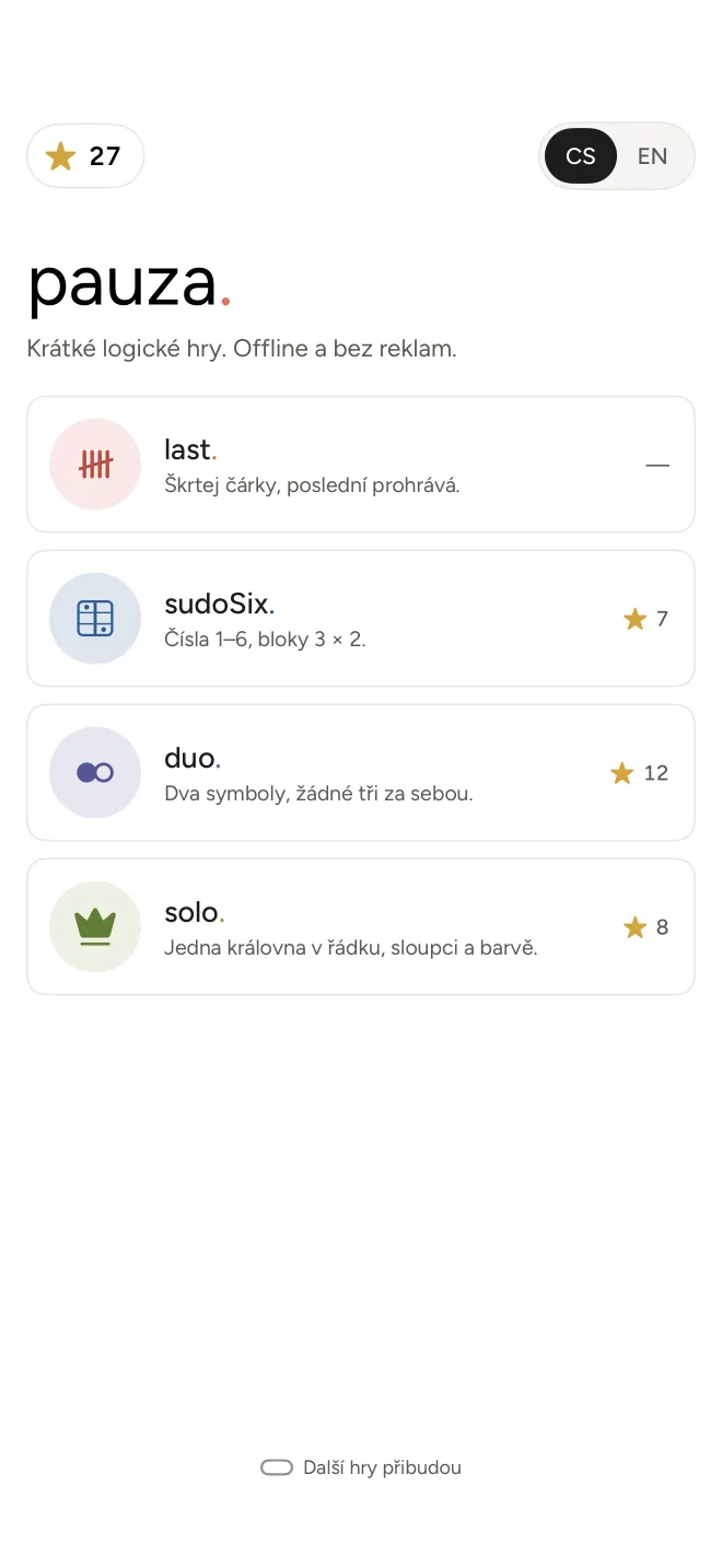 Menu appky pauza. se čtyřmi hrami: last., sudoSix., duo. a solo.