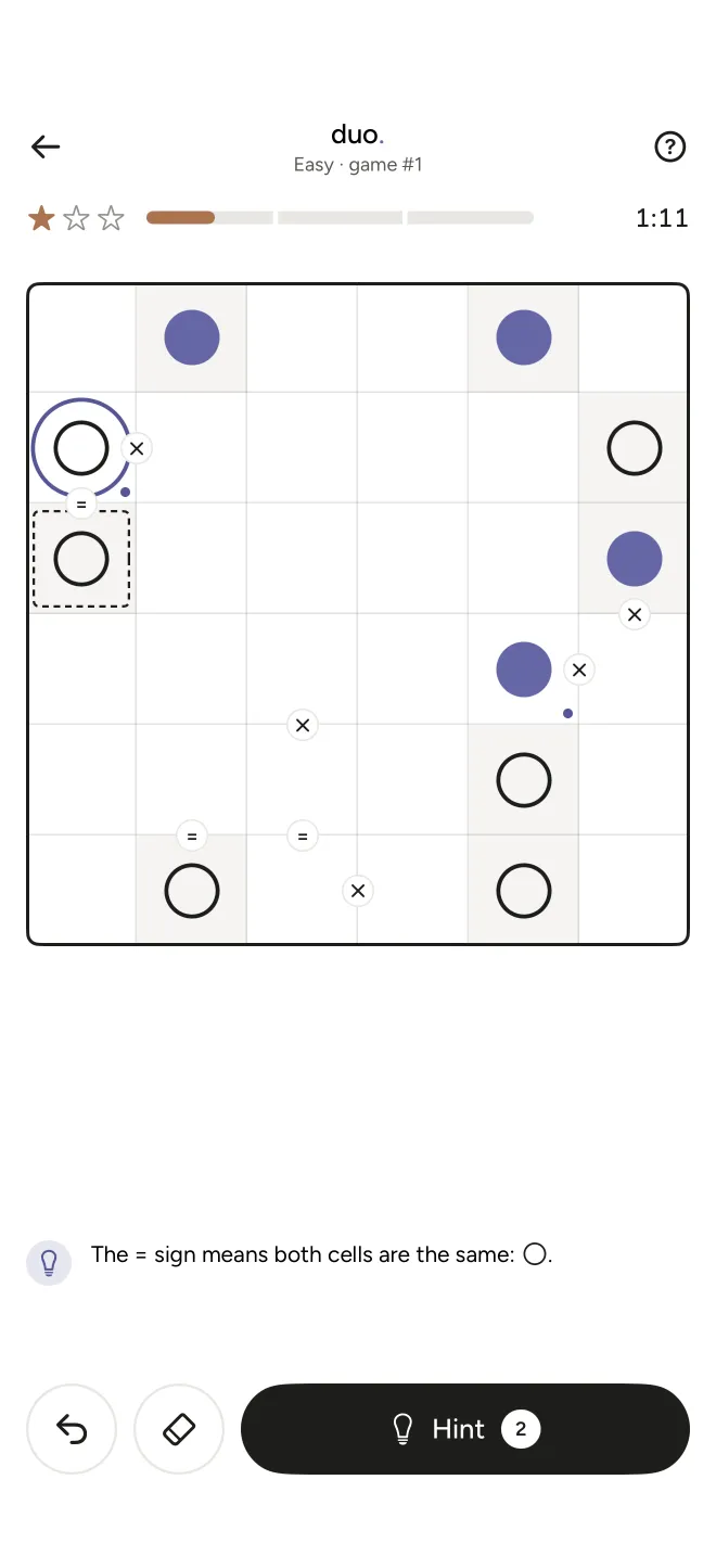 duo.: a grid of full and empty circles with = and × signs