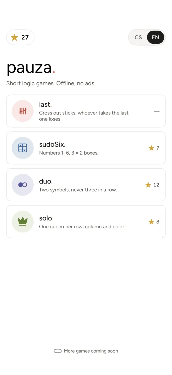 The pauza. app menu with four games: last., sudoSix., duo. and solo.