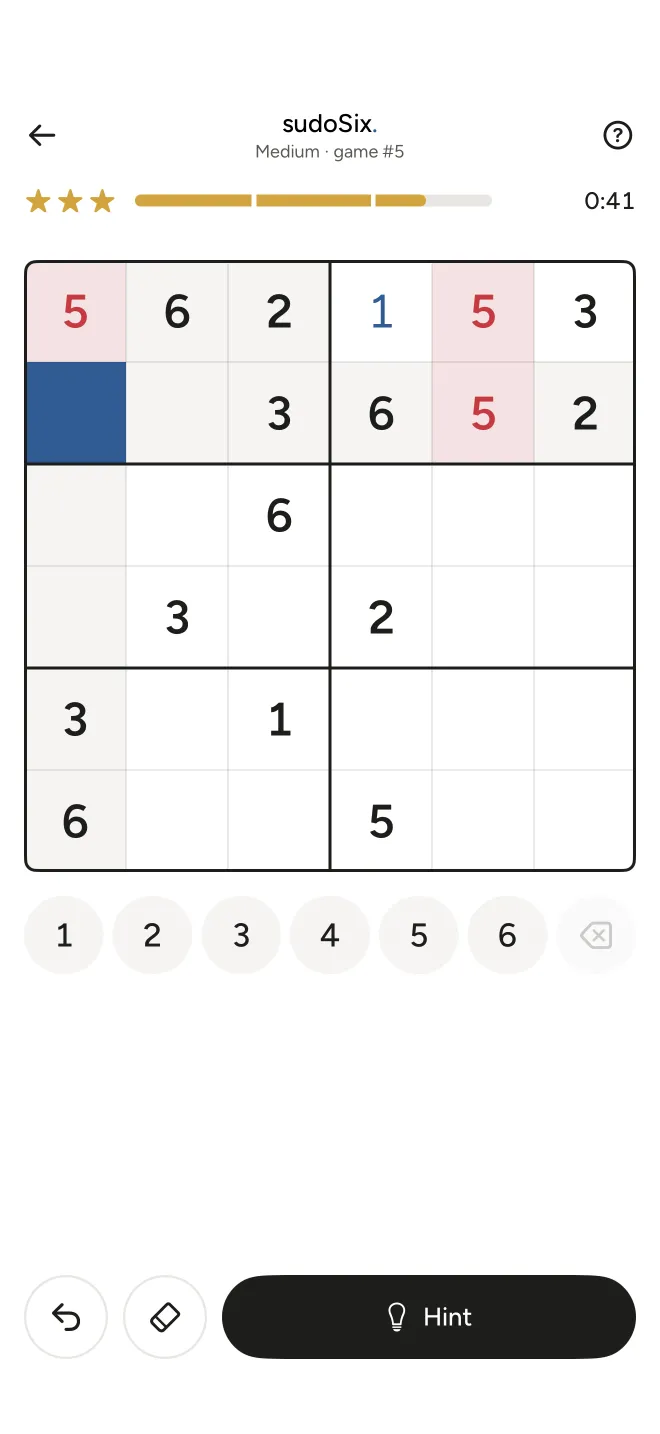 sudoSix.: a 6 × 6 grid in progress with the number pad